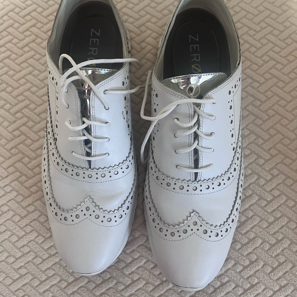 White Leather Flats with Brogue Detailing